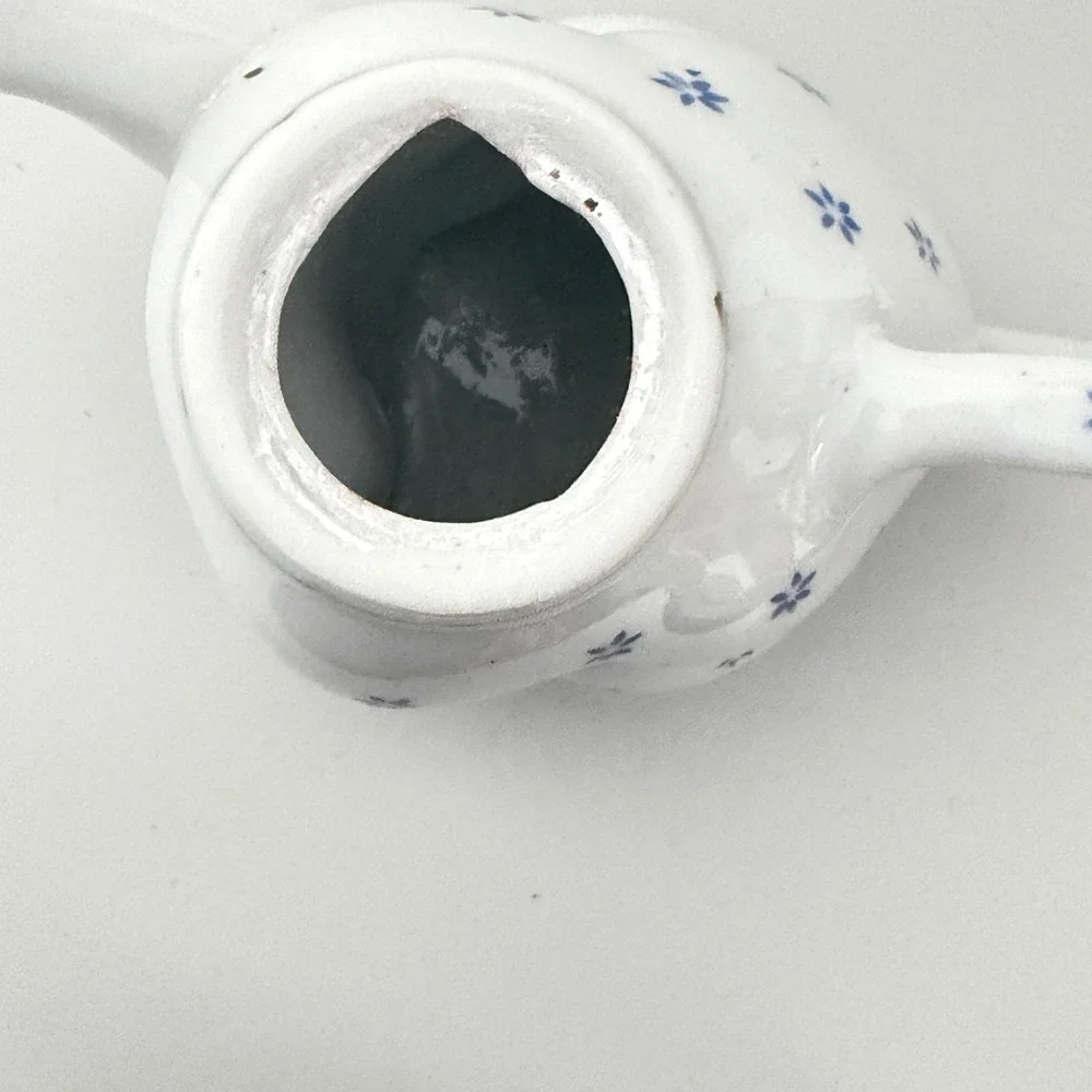 Vintage Ceramic Cat Teapot Small White Blue Floral Hand Painted Gold Collar OS